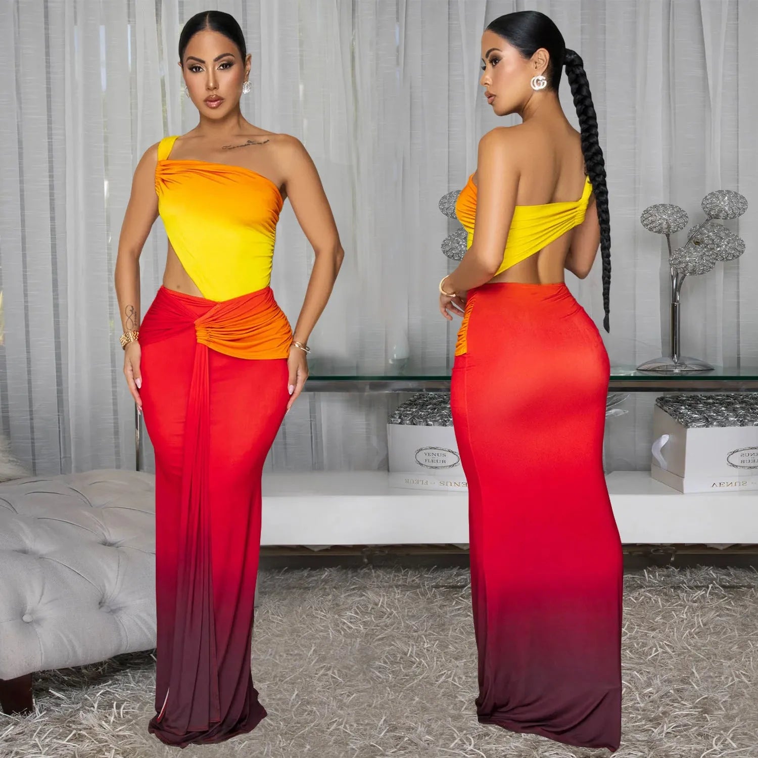 Women's gradient colour cross-shoulder sleeveless dress with a high-waisted long skirt.