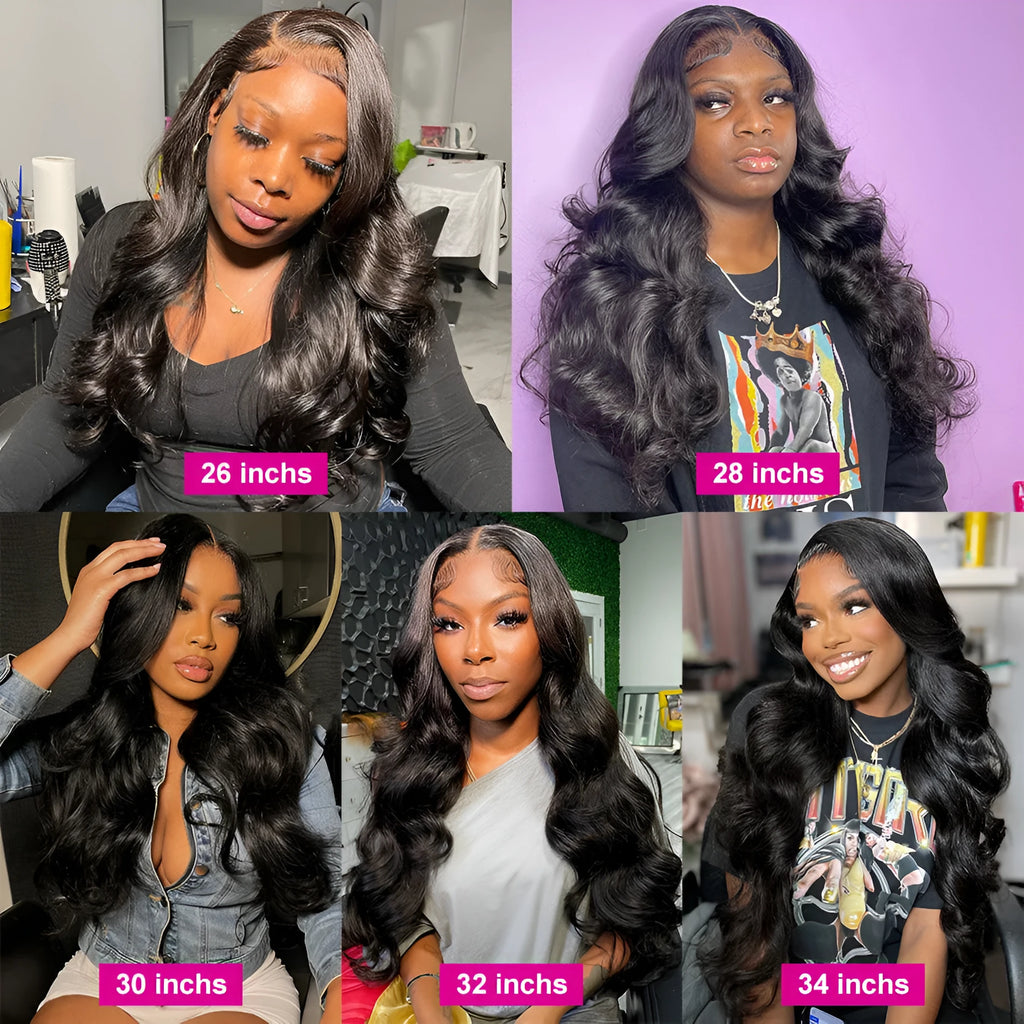 Black synthetic long curly wig with side bangs and a front lace hairline, shown at different lengths.