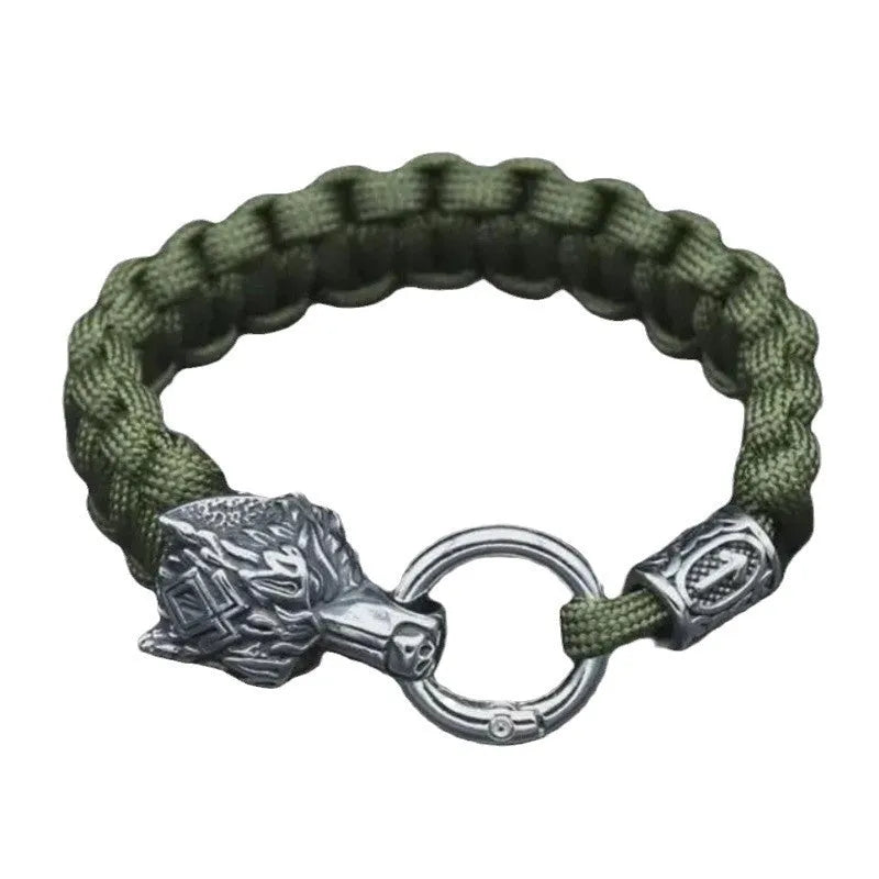 Handmade titanium steel wolf head bracelet with camouflage colour finish showing polished surface detail