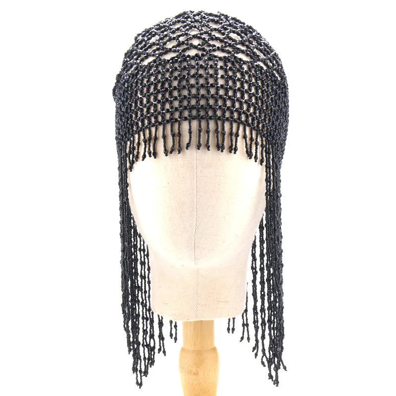 Belly dance hat with handmade beads, decorative mesh, and tassels in black or silver colour