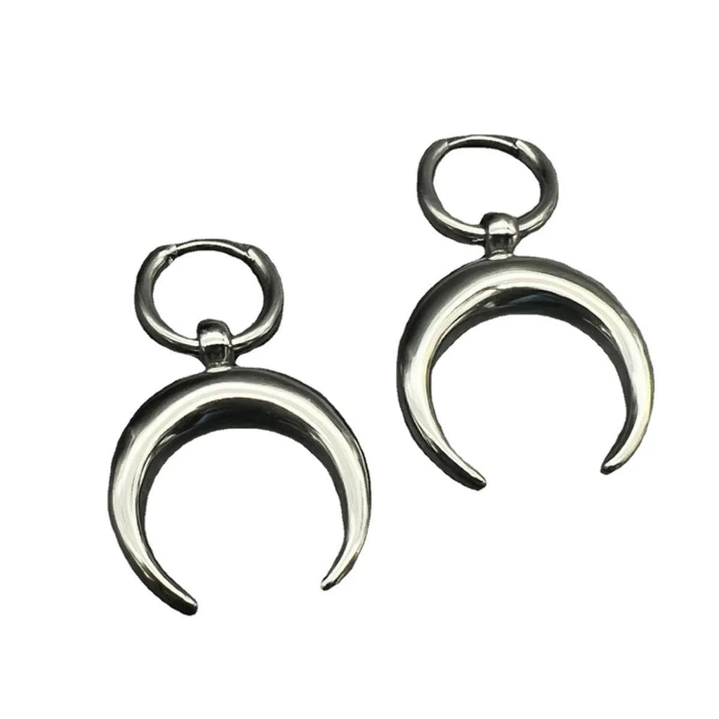 Silver geometric hoop earrings with moon decoration and clip-on fastenings