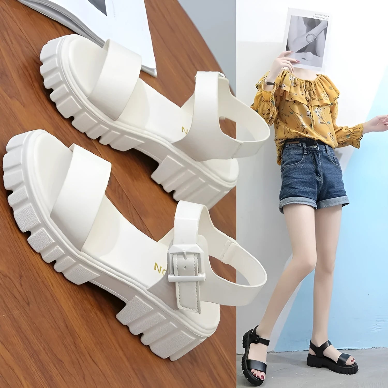 Women's beige peep toe ankle-strap buckle platform sandals with a fish mouth toe design on a wooden surface.