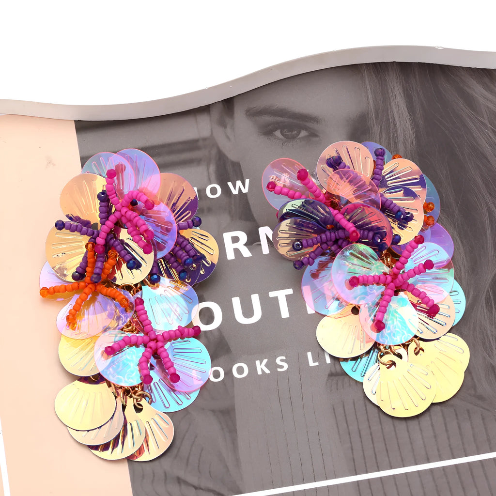 Handmade exaggerated dopamine style flower earrings with mixed material floral and leaf designs