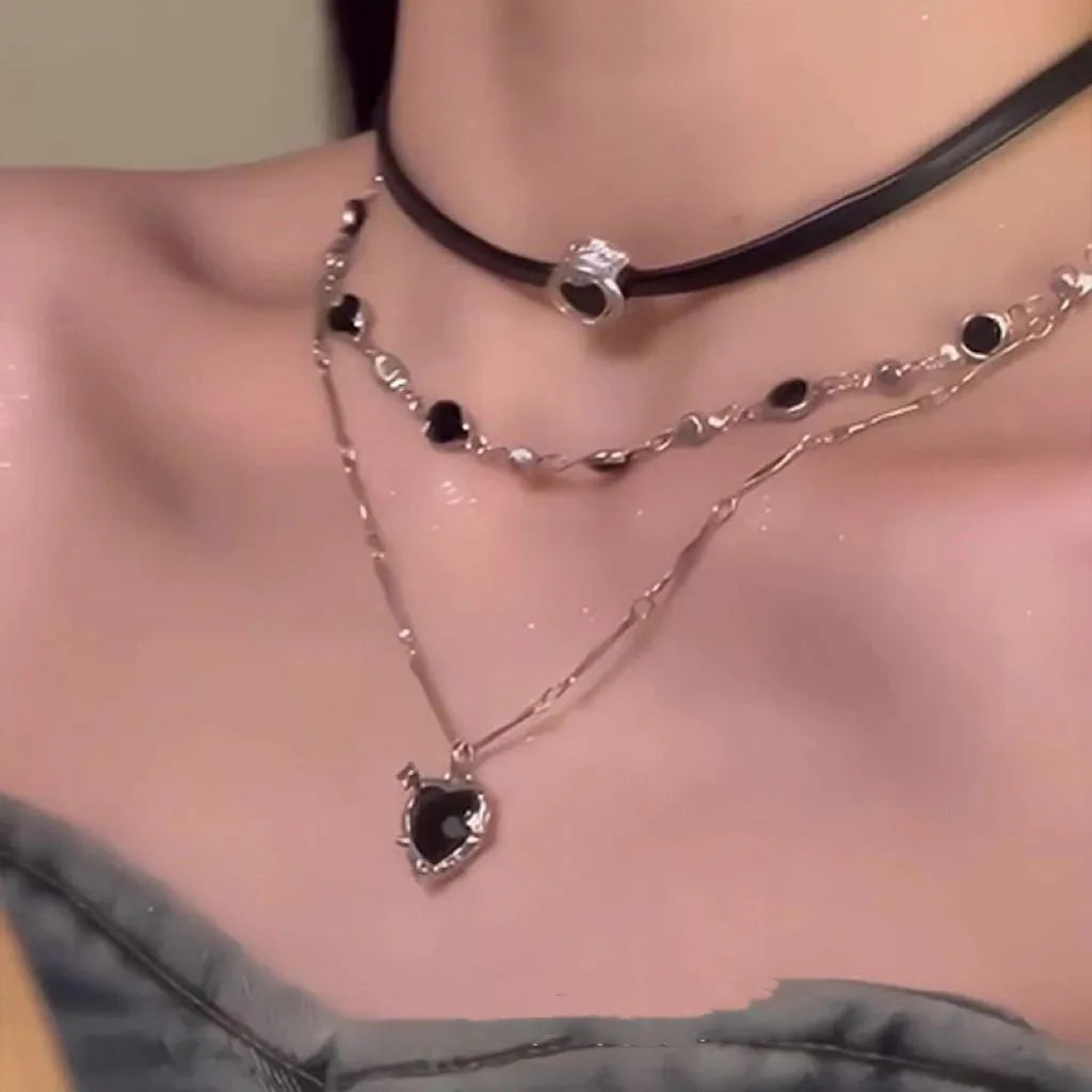 Women's adjustable multi-layer twin necklace set with artificial crystal heart pendants on leather and alloy chains