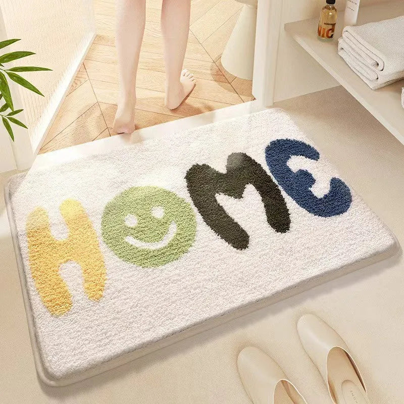 Square rainbow pattern floor mat with blue and colourful design on polyester with plastic bottom