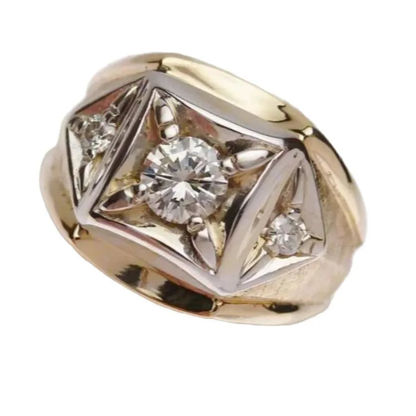 Gold geometric hollow copper couple rings with chamfered square pattern design