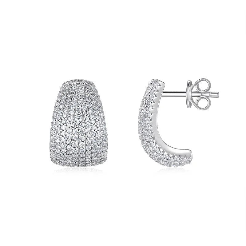 Geometric S925 sterling silver ear studs with colourless moissanite stones in a gift box.