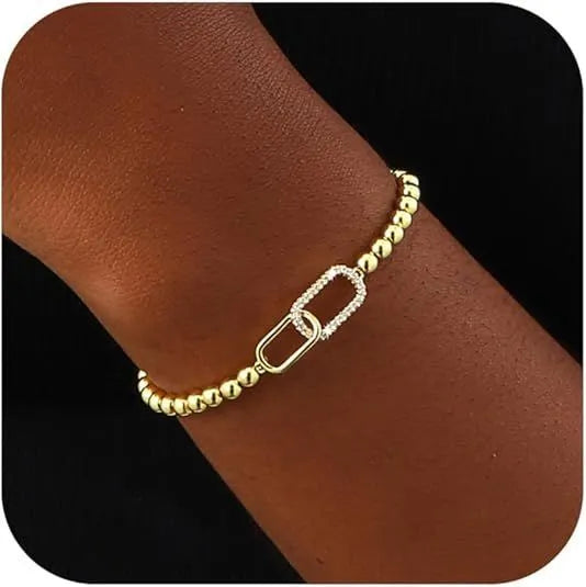 Adjustable stainless steel beaded bracelet with round geometric beads and electroplated finish for women