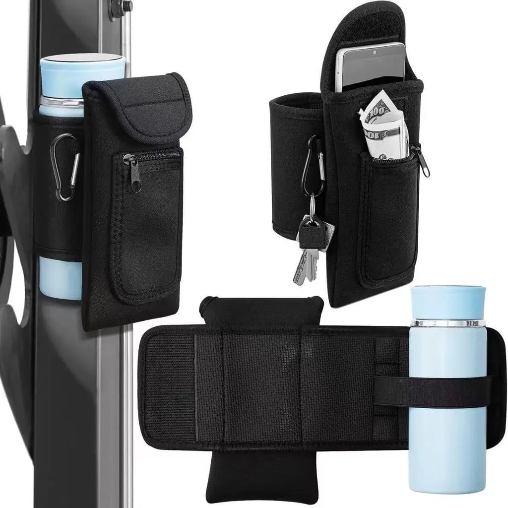 Cloth bottle sleeve with magnetic closure next to one with a carabiner clip, in various colours.