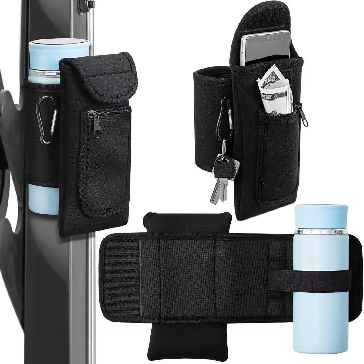 Cloth bottle sleeve with magnetic closure next to one with a carabiner clip, in various colours.