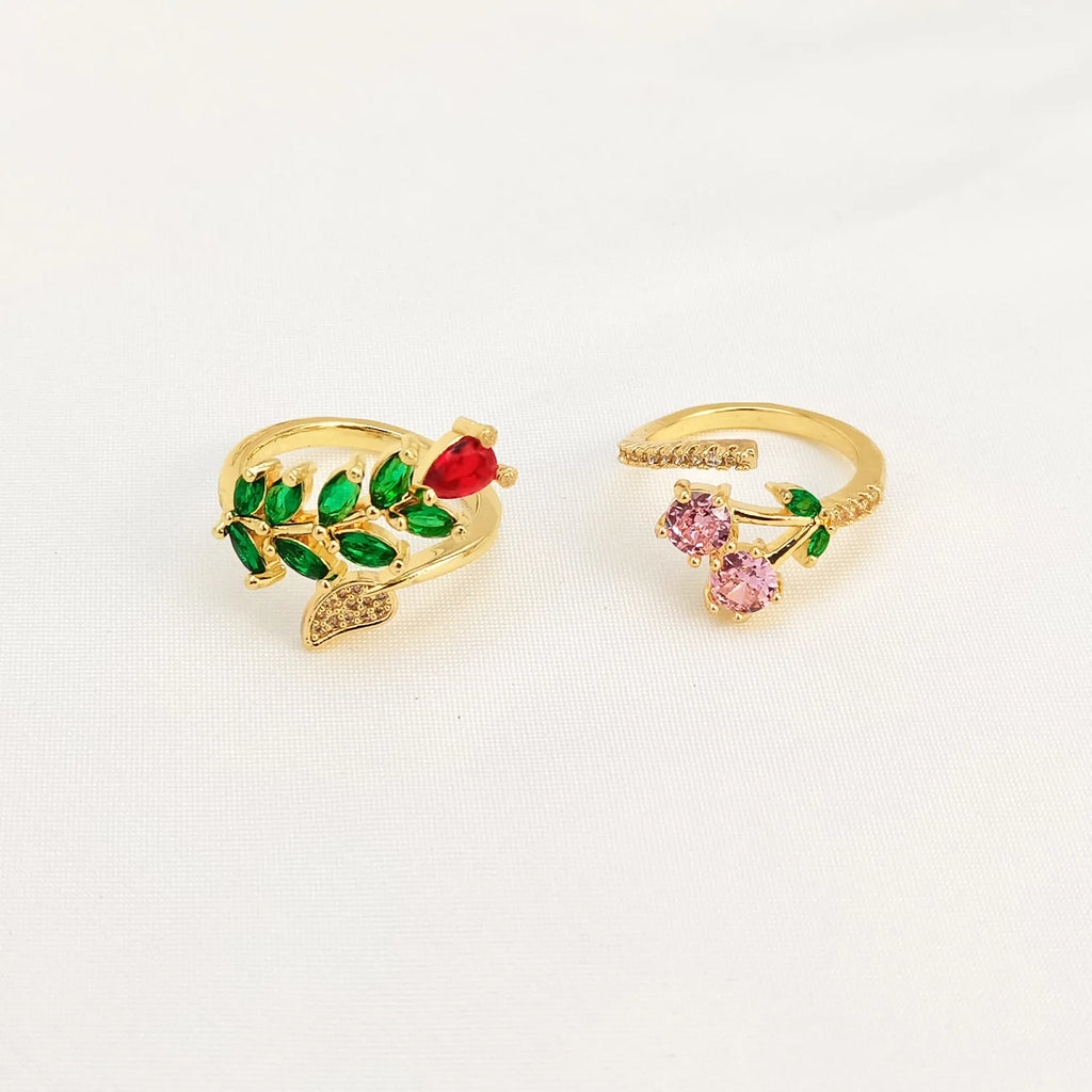 Copper geometric open ring with micro-inlaid zircon leaf pattern in national style design
