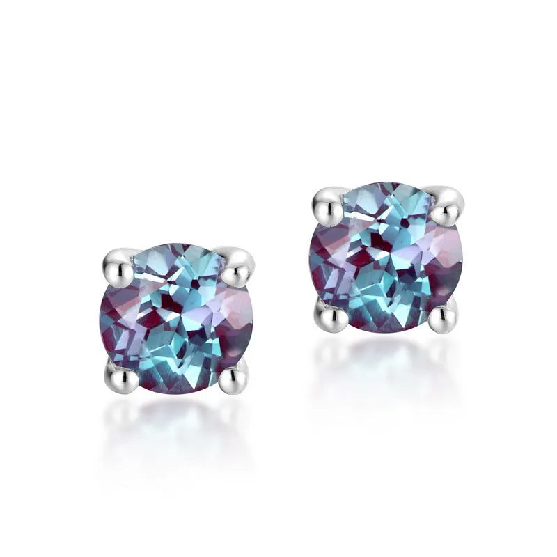 925 sterling silver ear studs with a round cultivate alexandrite stone, geometric simple style.