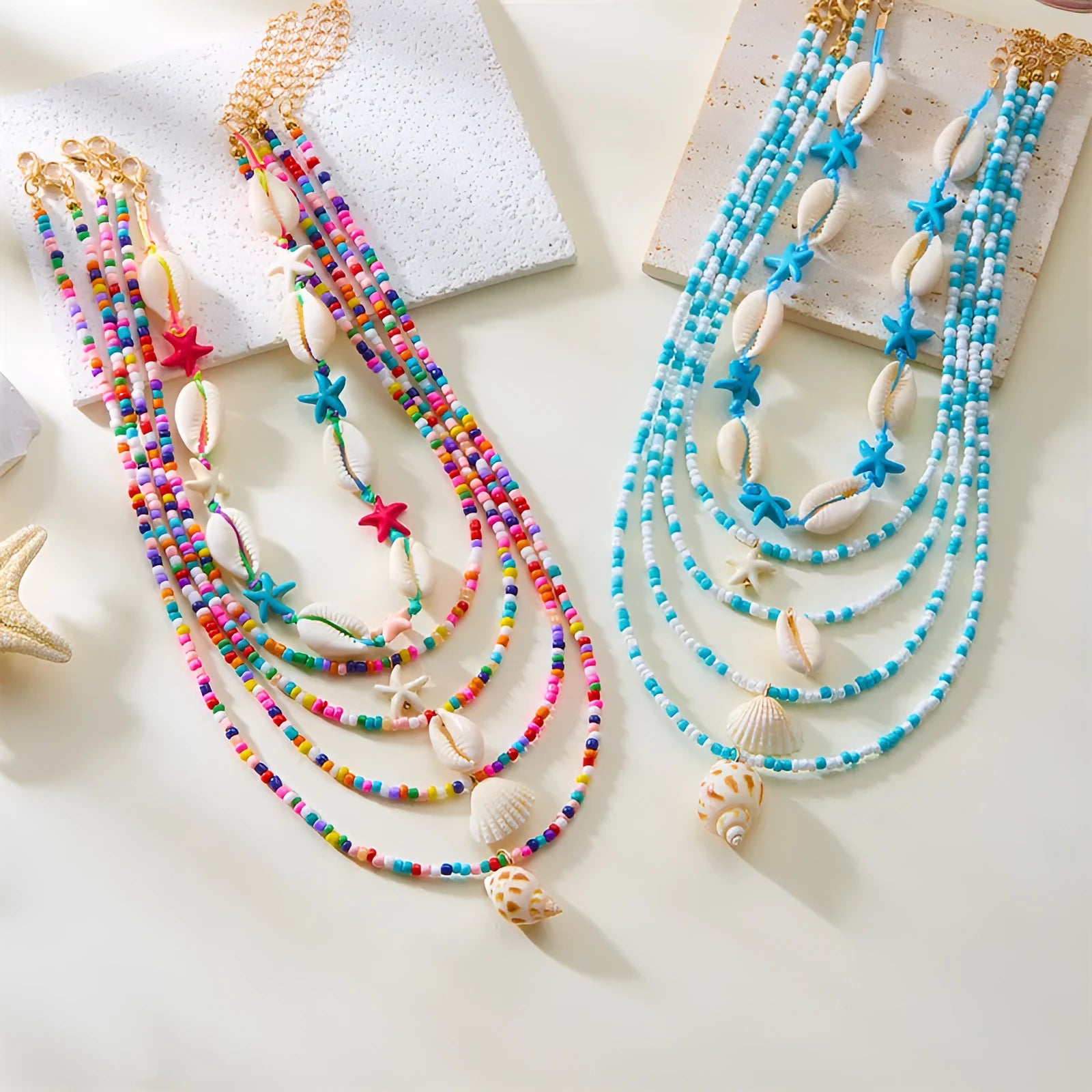 Blue shell and starfish pendant necklace set with five pieces on 21-50cm chains