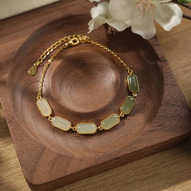 S925 silver Hetian jade gradient bracelet with natural stone in geometric style for women