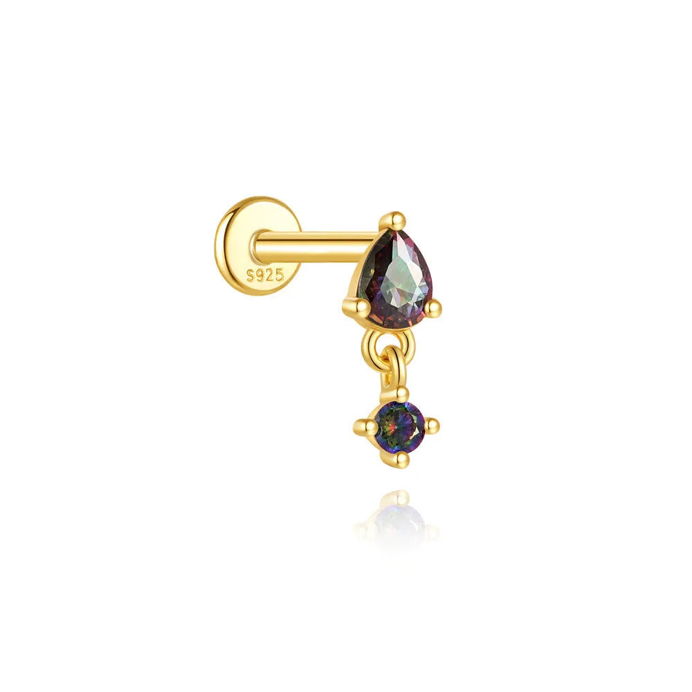 S925 sterling silver earring with rainbow stone and threaded post in a gold colour.