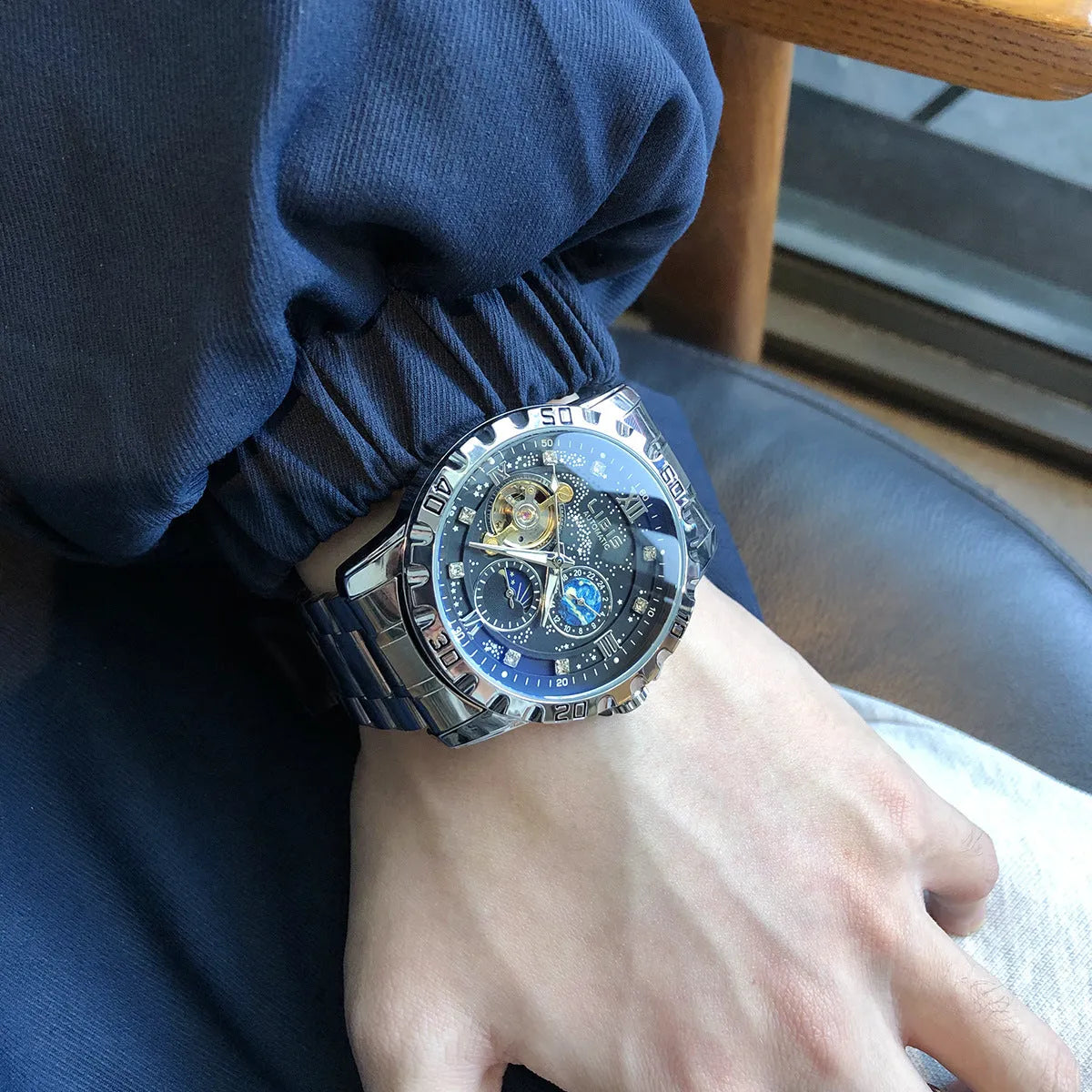 Men's silver case automatic mechanical watch with black genuine leather strap and luminous waterproof features