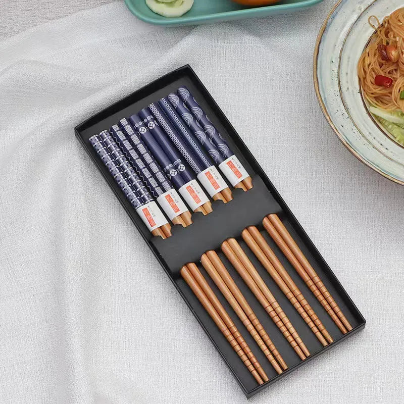 Five pairs of bamboo chopsticks with Japanese cartoon patterns in lucky cat or blue designs