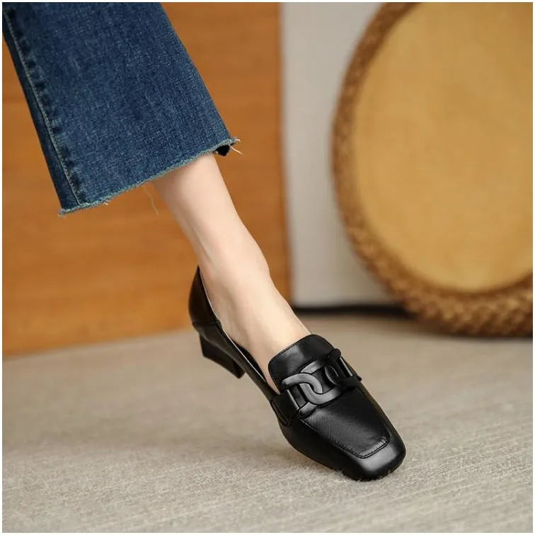 British style chunky heel pumps women's loafer square toe solid colour microfiber lining