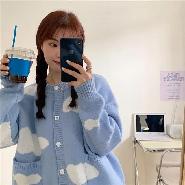 Women's loose fit blue spandex cardigan with cloud pattern and long sleeves