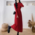Women's waist-trimming knit dress with A-line skirt in beige, black, gray, khaki, or red