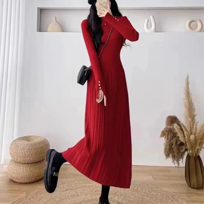 Women's waist-trimming knit dress with A-line skirt in beige, black, gray, khaki, or red