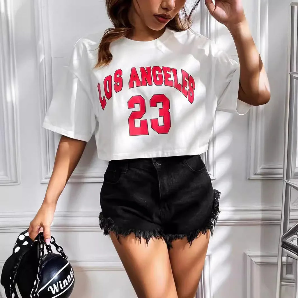 Cotton navel top with custom English letter printing in loose fit casual style with exposed navel detail