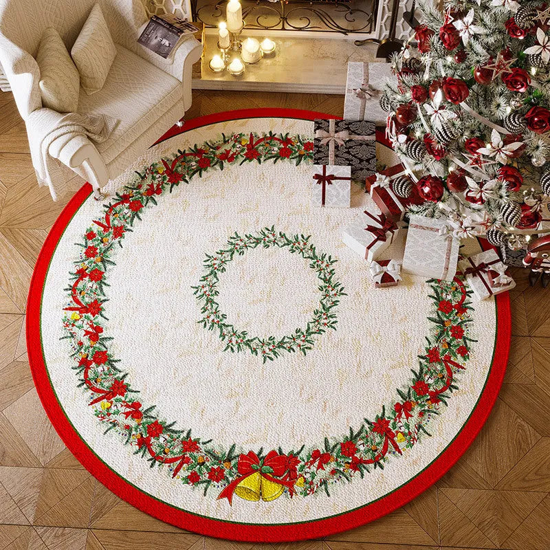 Round red and green Christmas themed non-slip polyester floor mat on a living room floor.