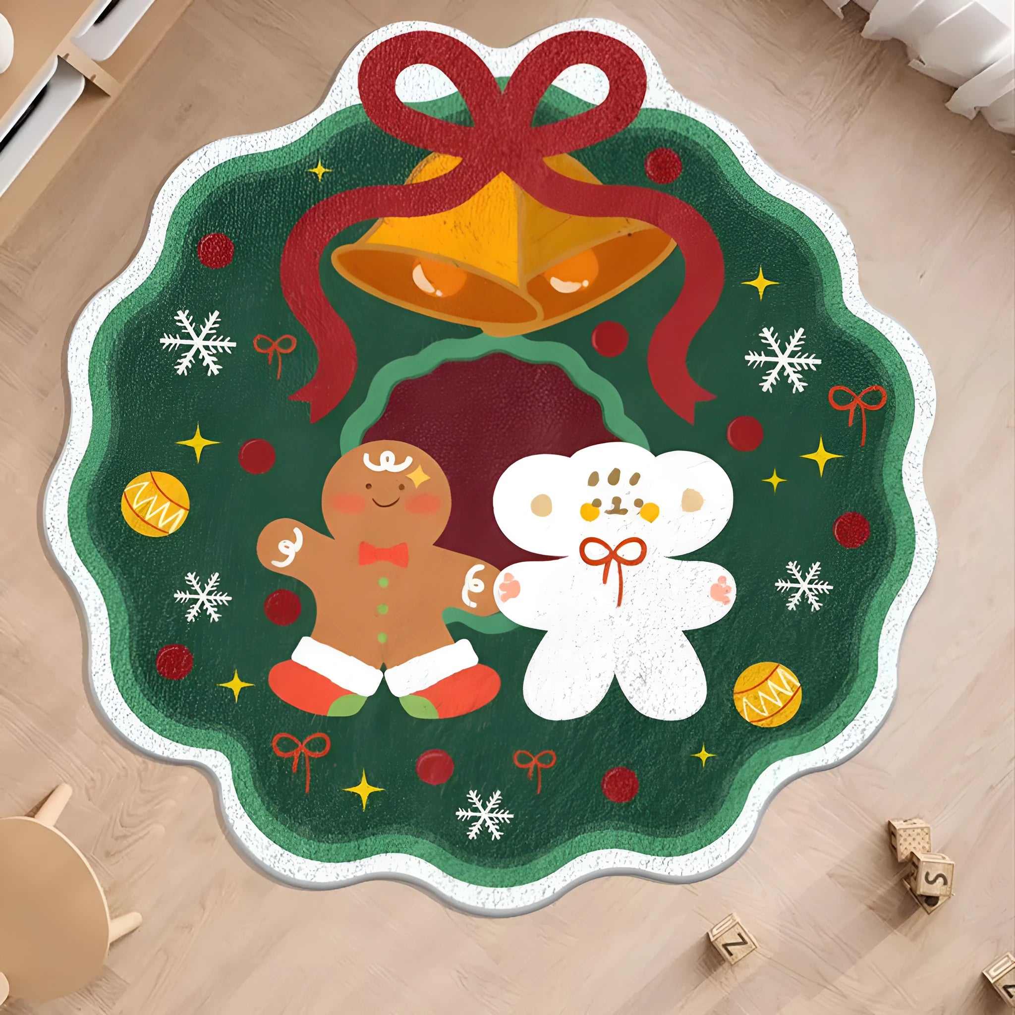 Alien-shaped round Christmas floor mat with cashmere-like texture in holiday patterns