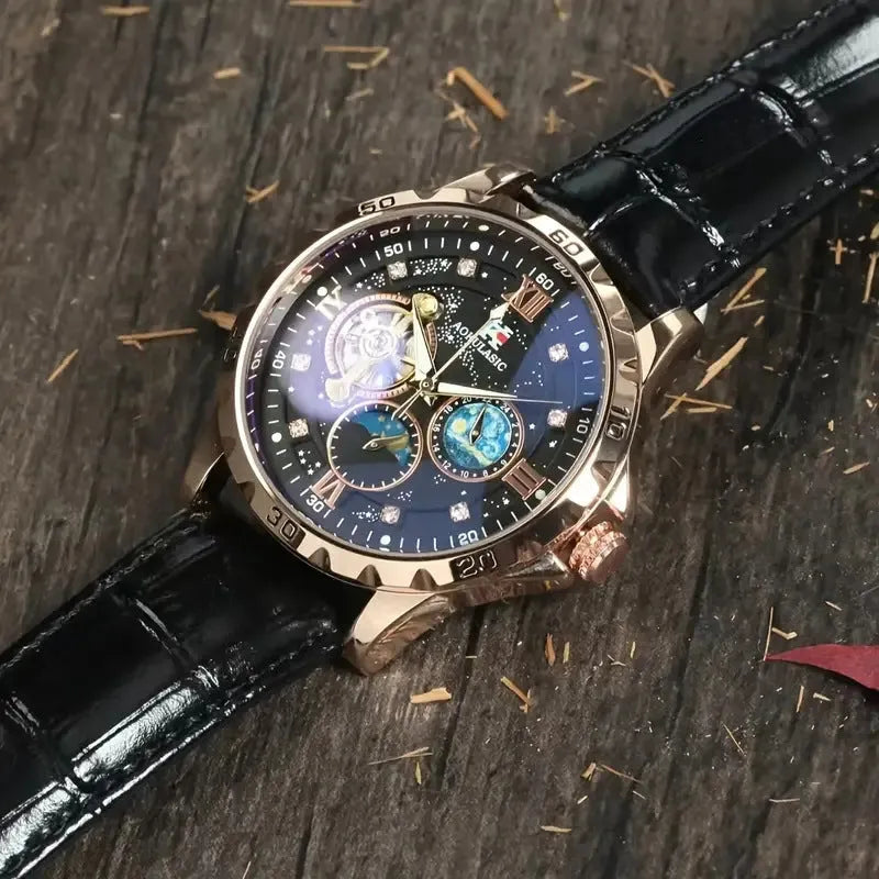Men's automatic watch with black hollow dial, rose gold case, and leather strap