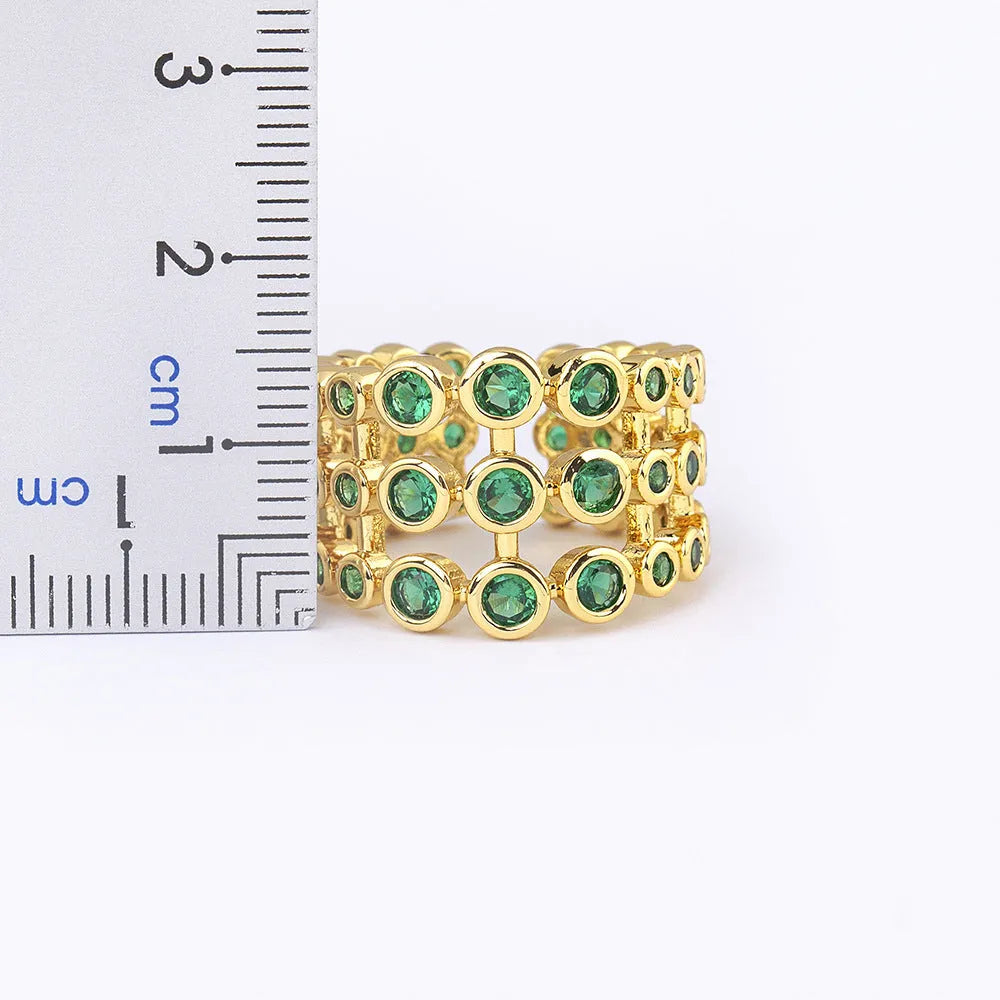 Copper gold plated three-layer wide ring with zircon details, exaggerated construction