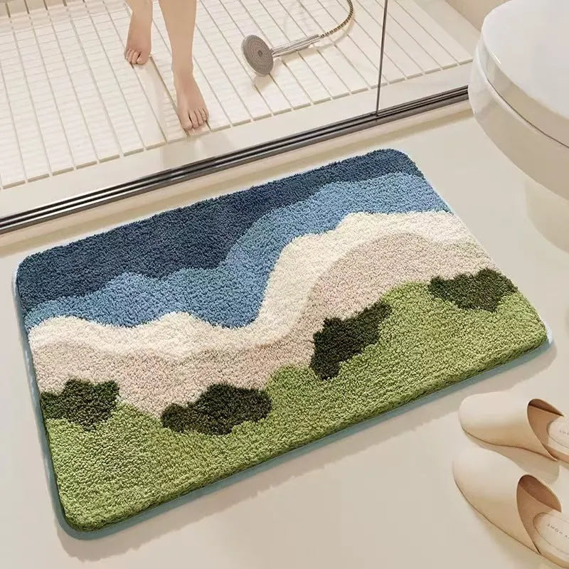 Square rainbow pattern floor mat with blue and colourful design on polyester with plastic bottom