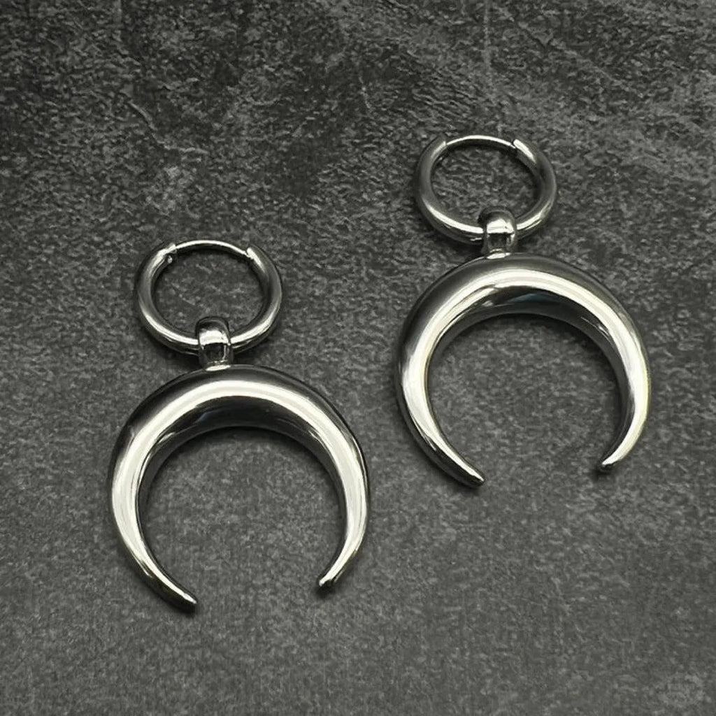 Silver geometric hoop earrings with moon decoration and clip-on fastenings