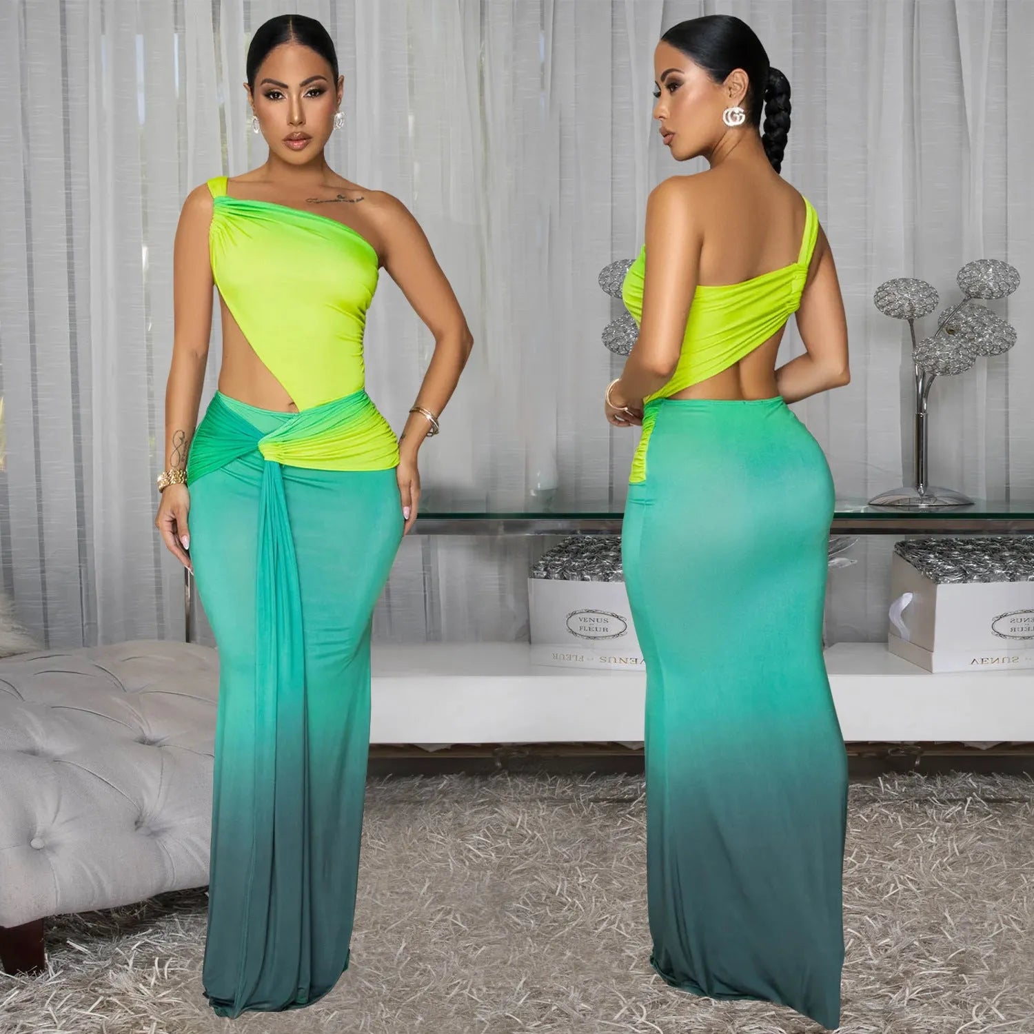 Women's gradient colour cross-shoulder sleeveless dress with a high-waisted long skirt.