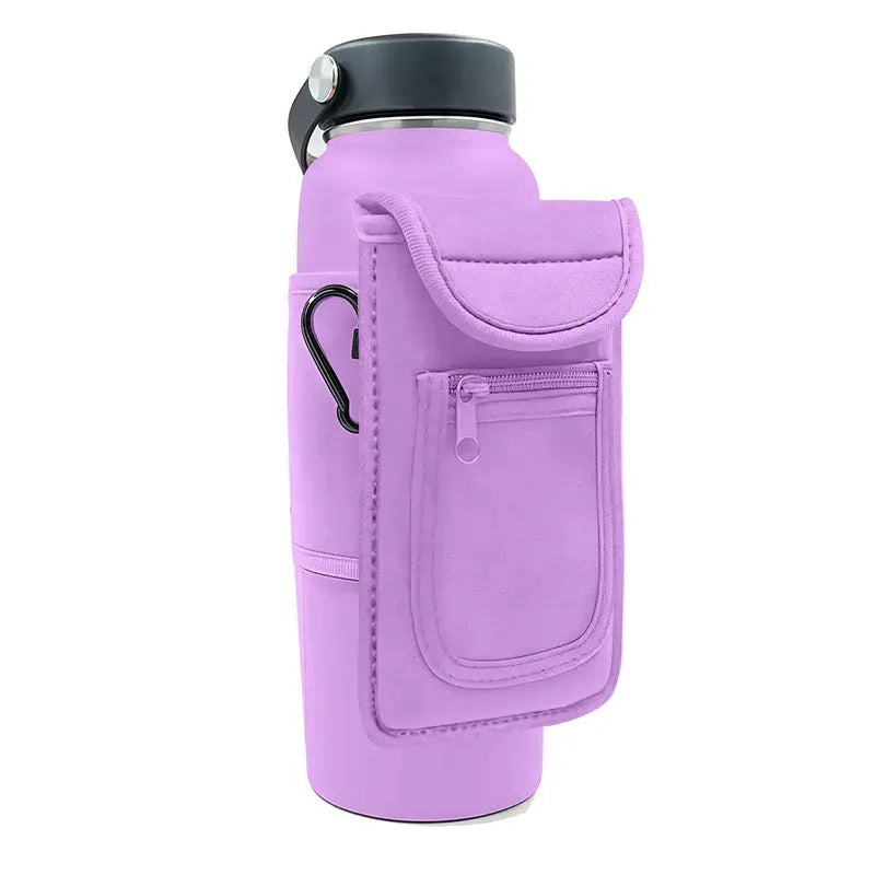 Cloth bottle sleeve with magnetic closure next to one with a carabiner clip, in various colours.