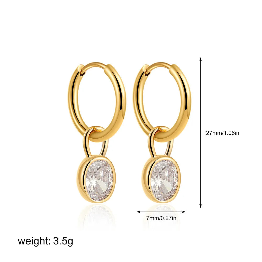 Women's retro-style oval zircon earrings in copper, shown in six colour options on a white background.