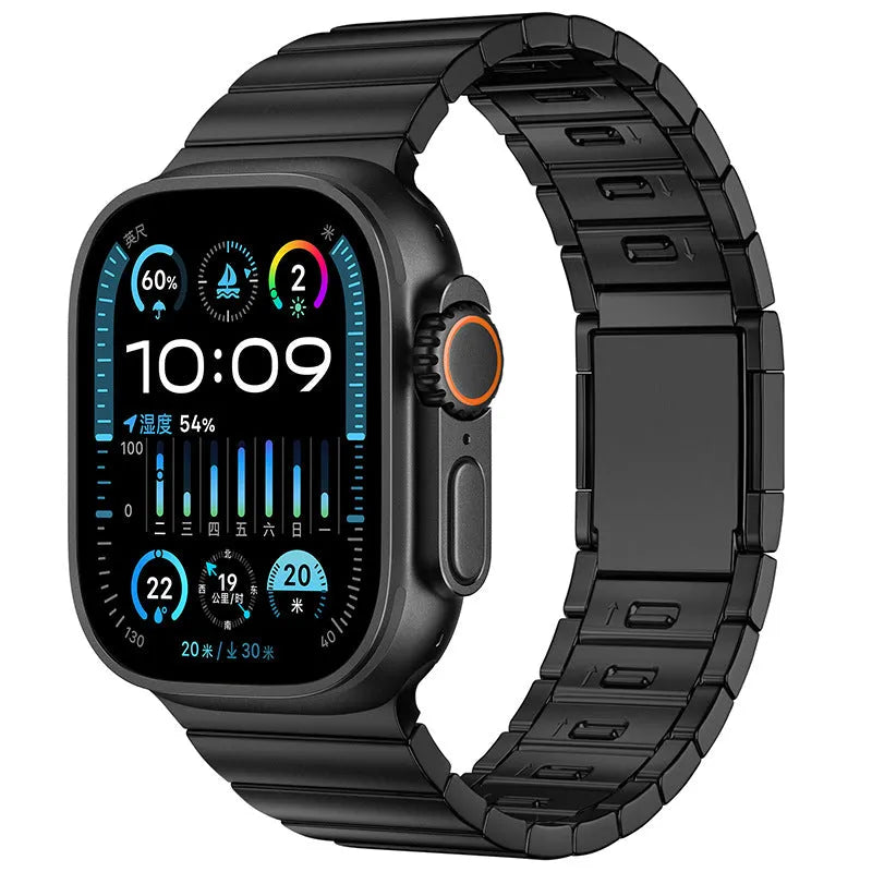 Stainless steel magnetic buckle Apple Watch replacement band in silver colour on a wrist.