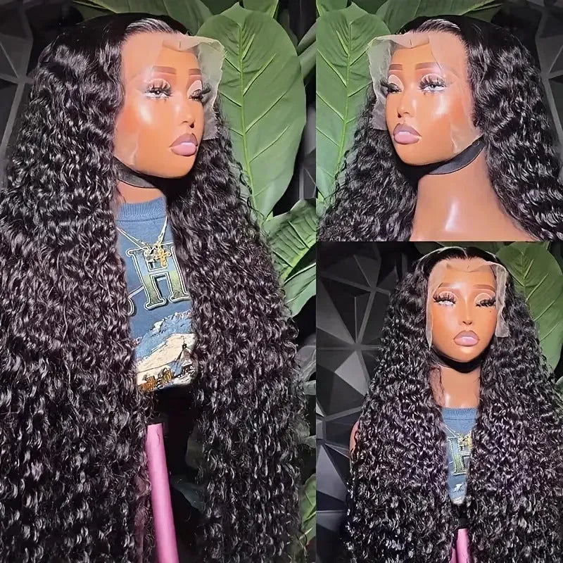 Black long curly Afro lace wig made from high-temperature fibre, shown with side bangs.
