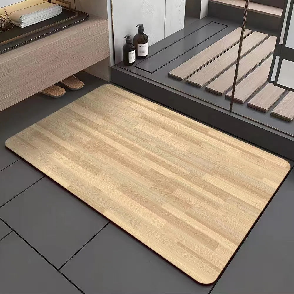 American style square diatom ooze floor mat with wood grain geometric pattern, shown in a bathroom setting.