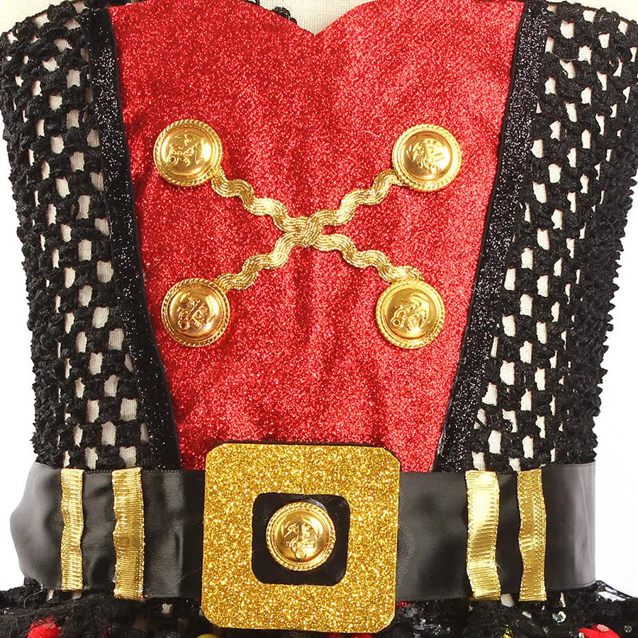 Girls pirate costume dress with sequins, mesh panels, and lace trim for Halloween