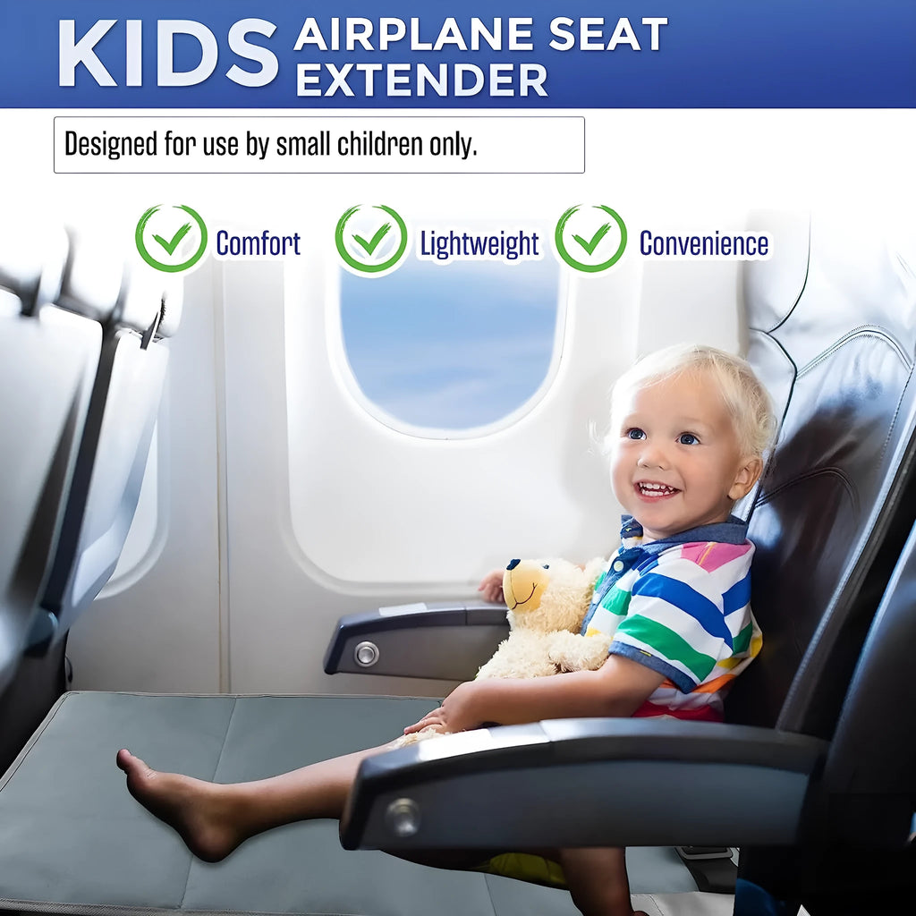 Blue children's aircraft seat extender with pedal support and drawstring storage pocket
