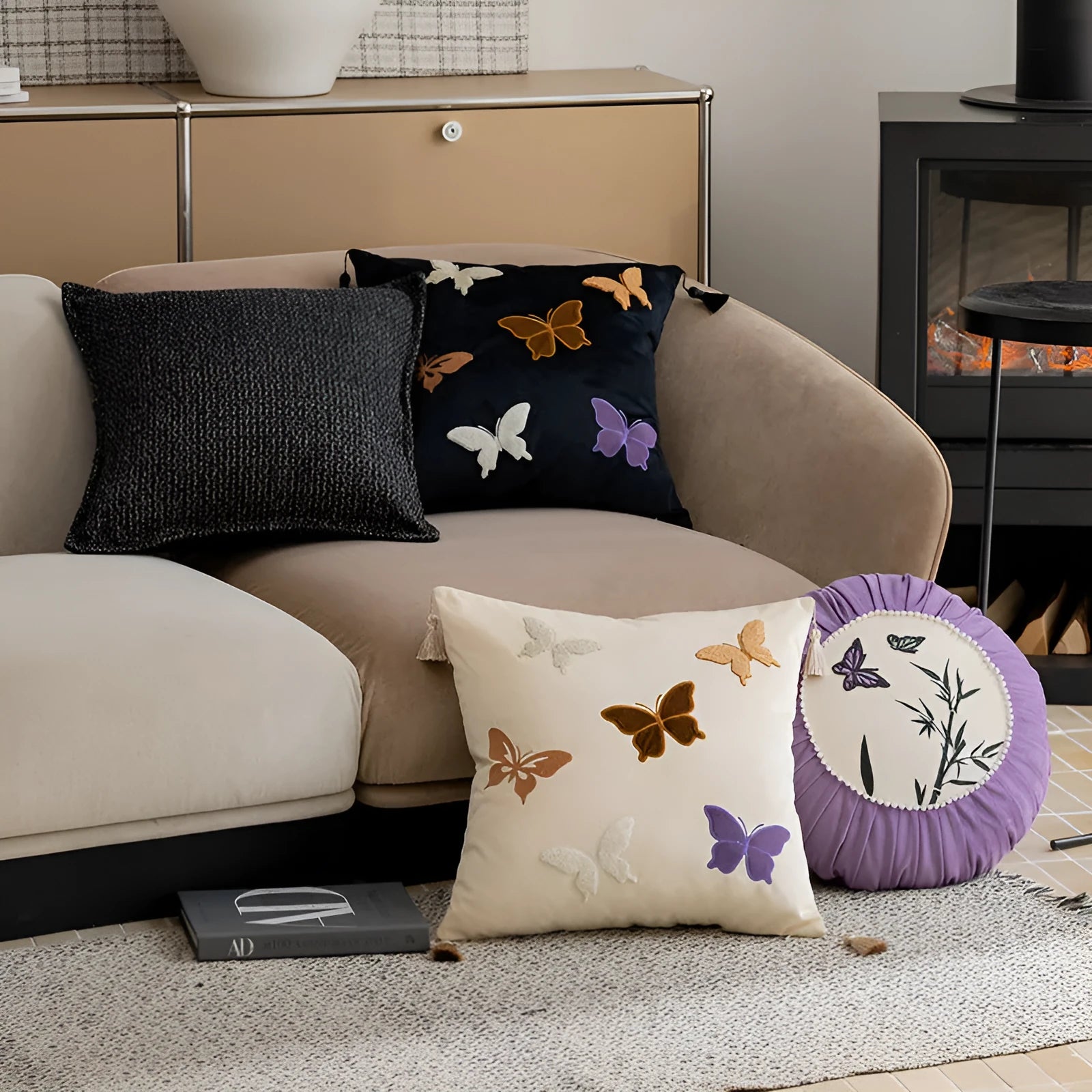 Square cushion with Chinese style butterfly embroidery in beige, black, and purple colours