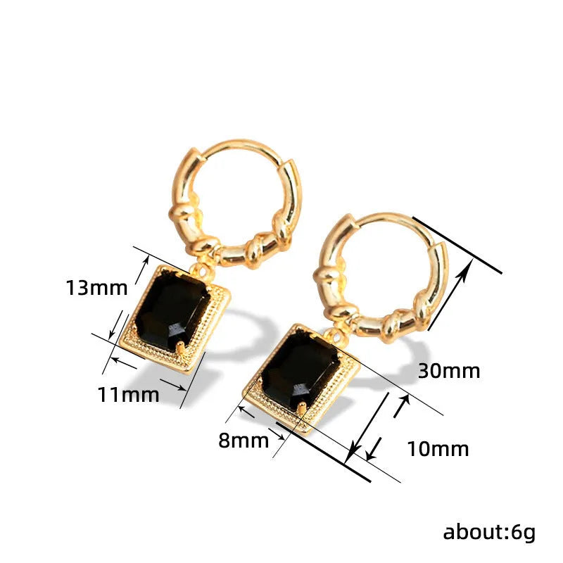 Geometric black zircon copper earrings with quadrilateral shape and retro French Court design