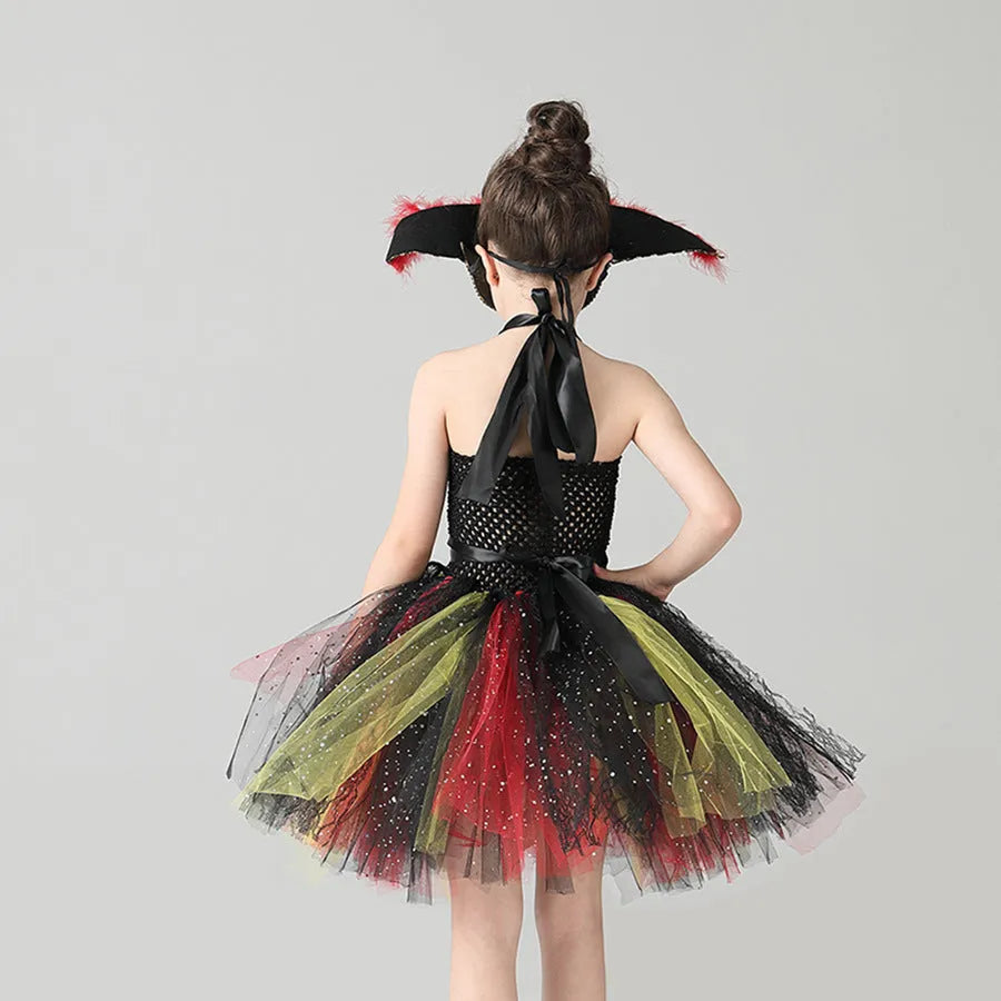 Girls pirate costume dress with sequins, mesh panels, and lace trim for Halloween
