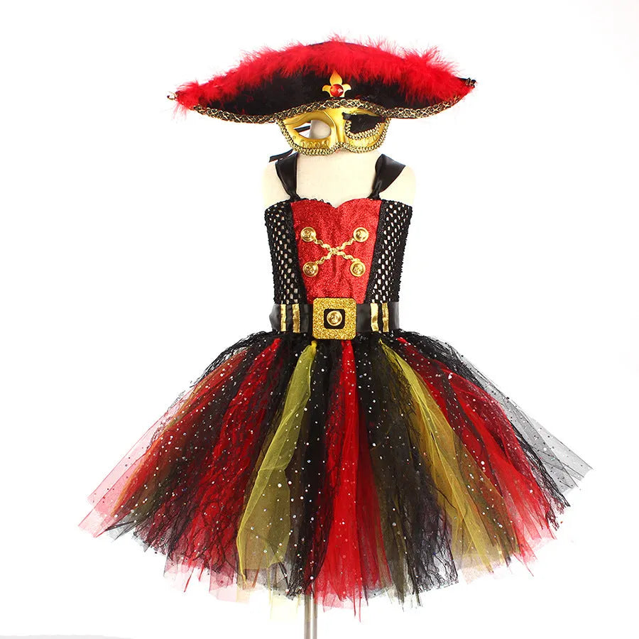 Girls pirate costume dress with sequins, mesh panels, and lace trim for Halloween