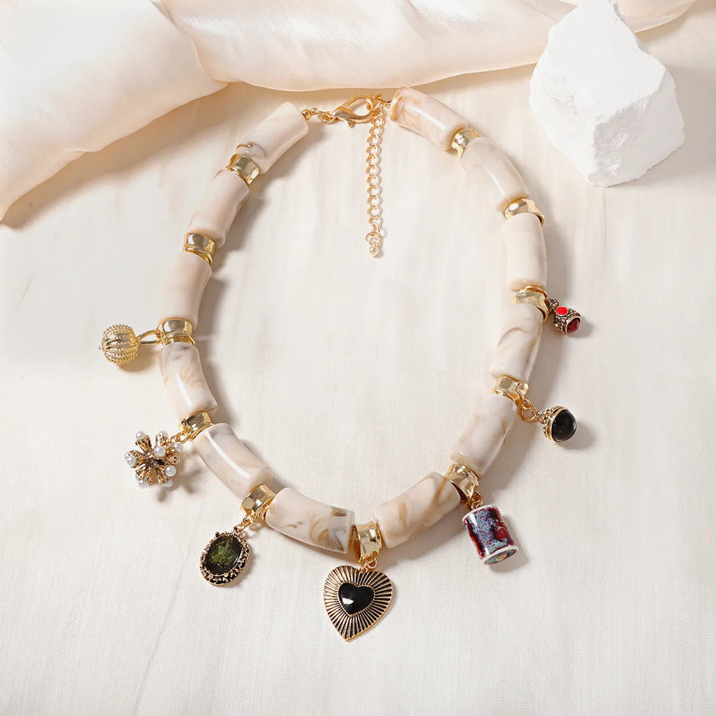 Heart-shaped resin bamboo pendant necklace with electroplating finish in picture colour