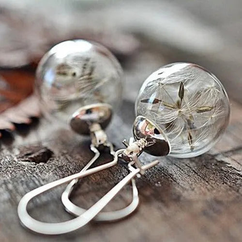 Transparent glass ball earrings with dandelion seed design on a French hook