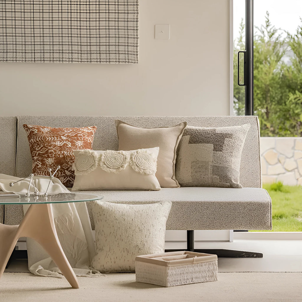 Coreless red brown and solid colour sofa cushion with PP cotton filler on a living room sofa.