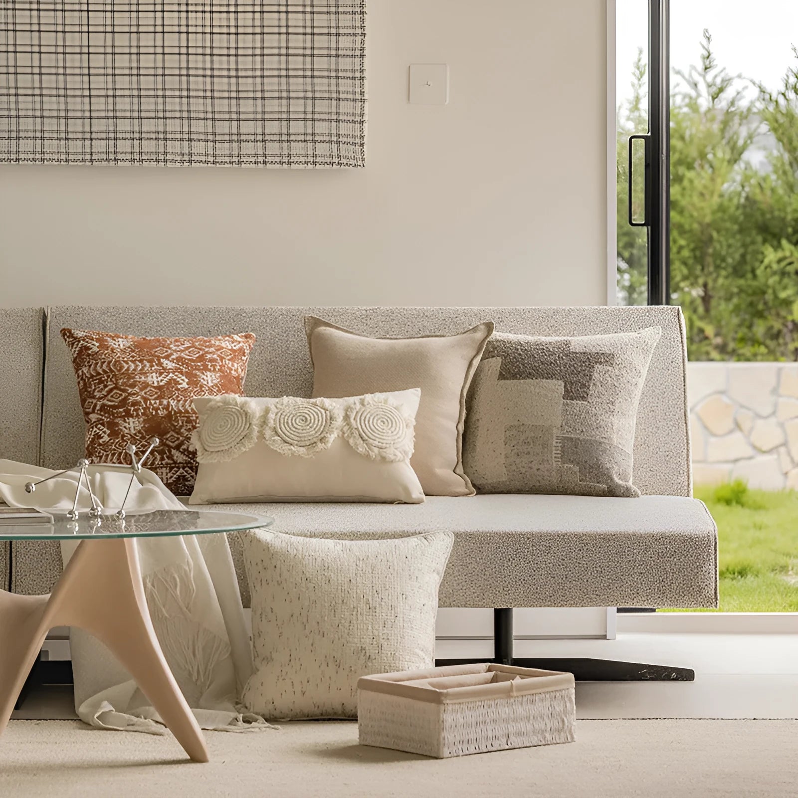 Coreless red brown and solid colour sofa cushion with PP cotton filler on a living room sofa.