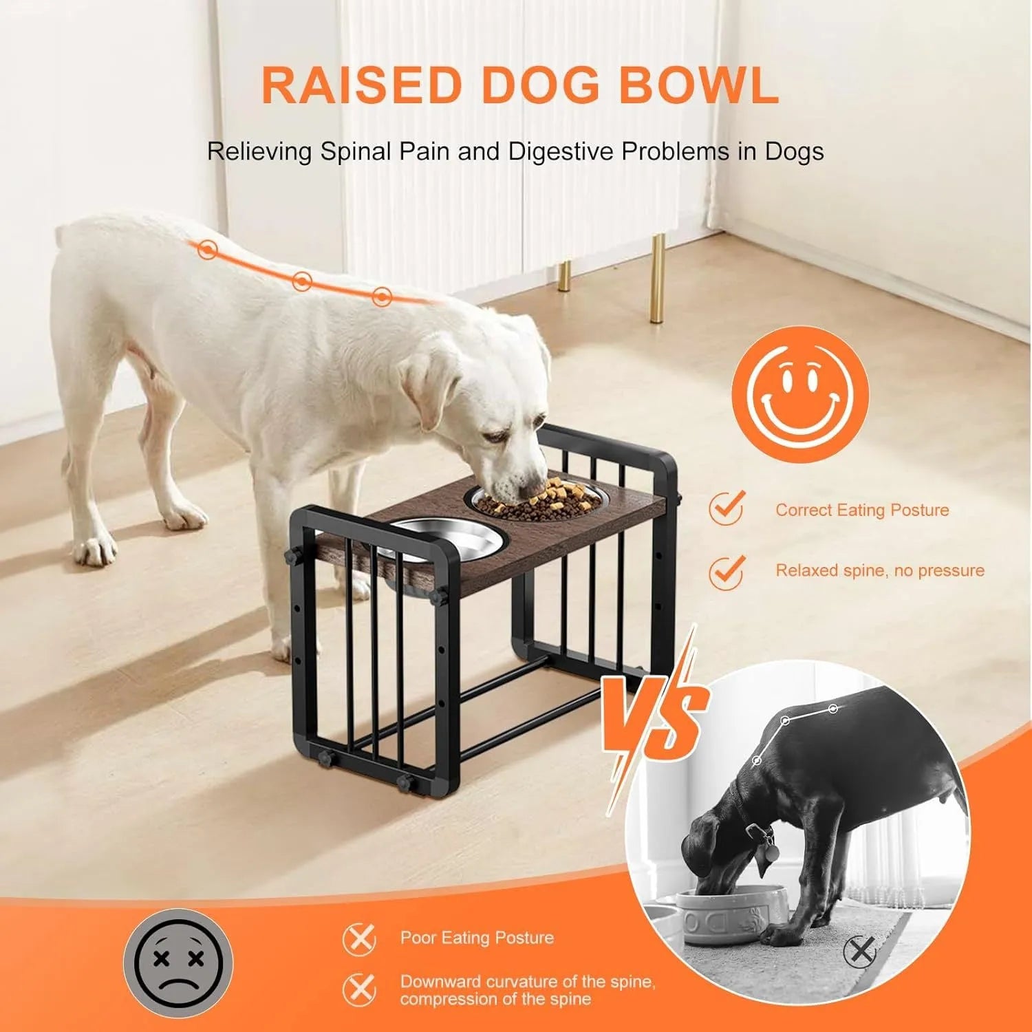 Black wooden dog bowl stand with non-slip base, holding a food and water bowl.