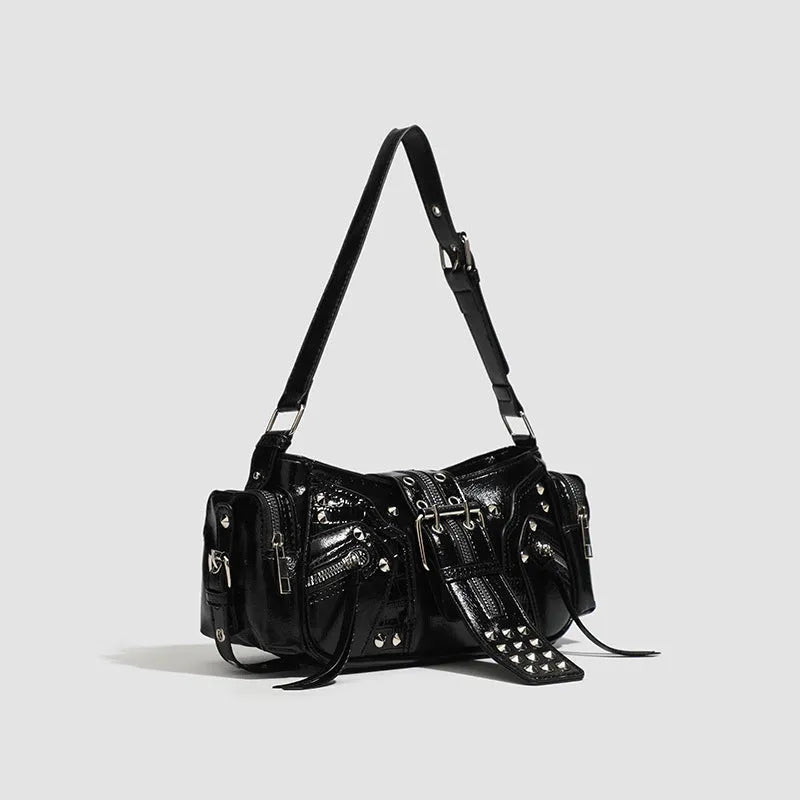 Black retro-style dumpling handbag with three-dimensional pockets and multiple interior organisers